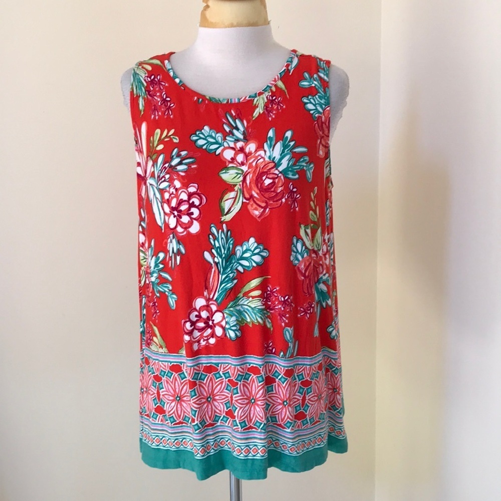Pappagallo large vibrant orange floral sleeveless blouse.